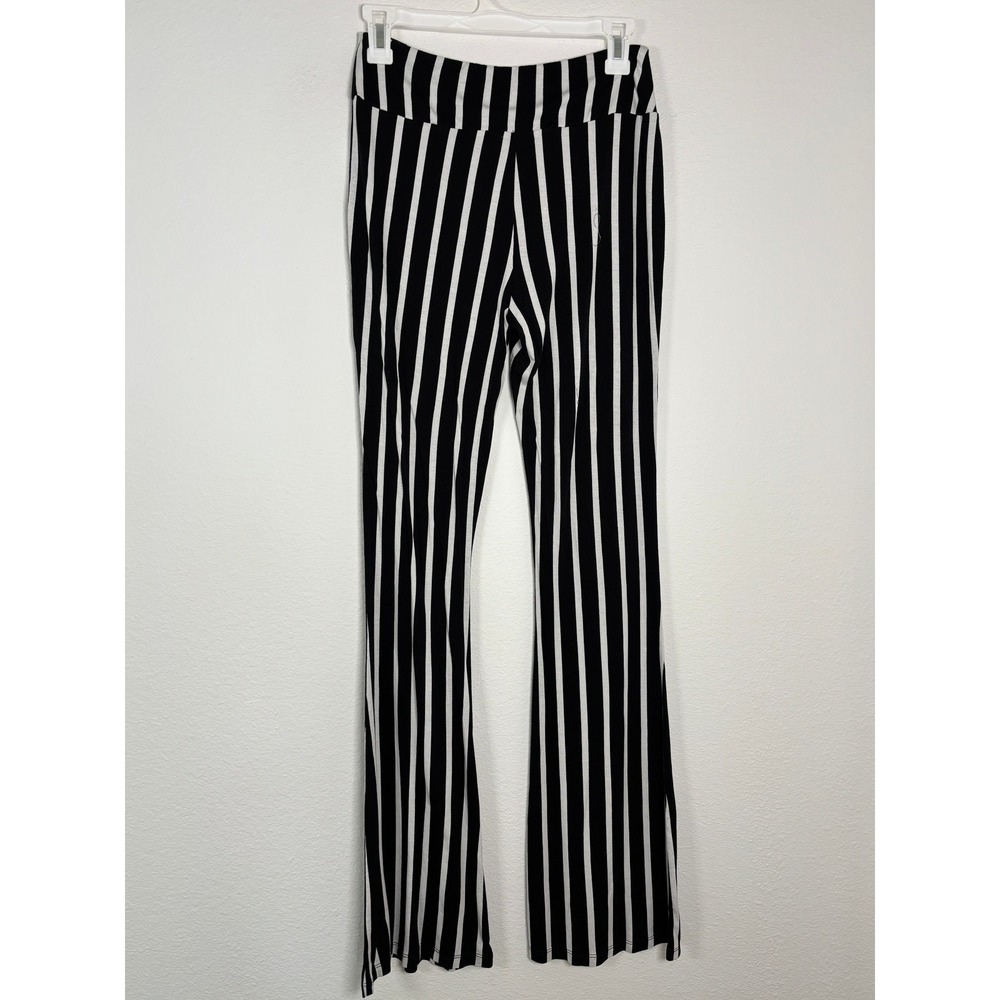 Charlotte Russe Black White Vertical Stripe Flare Leg Pants Medium High Rise - Picture 2 of 5